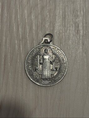 Vintage Saint Benedict Medal Pendant - Silver Toned Religious Charm